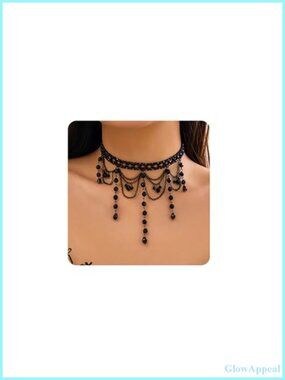 Lace Crystal Beaded Pendant Choker Necklace Victorian Layered Chain Jewelry